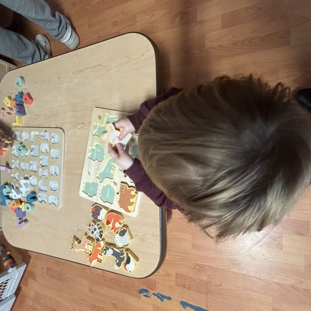 Child fitting animal puzzle pieces at a classroom table